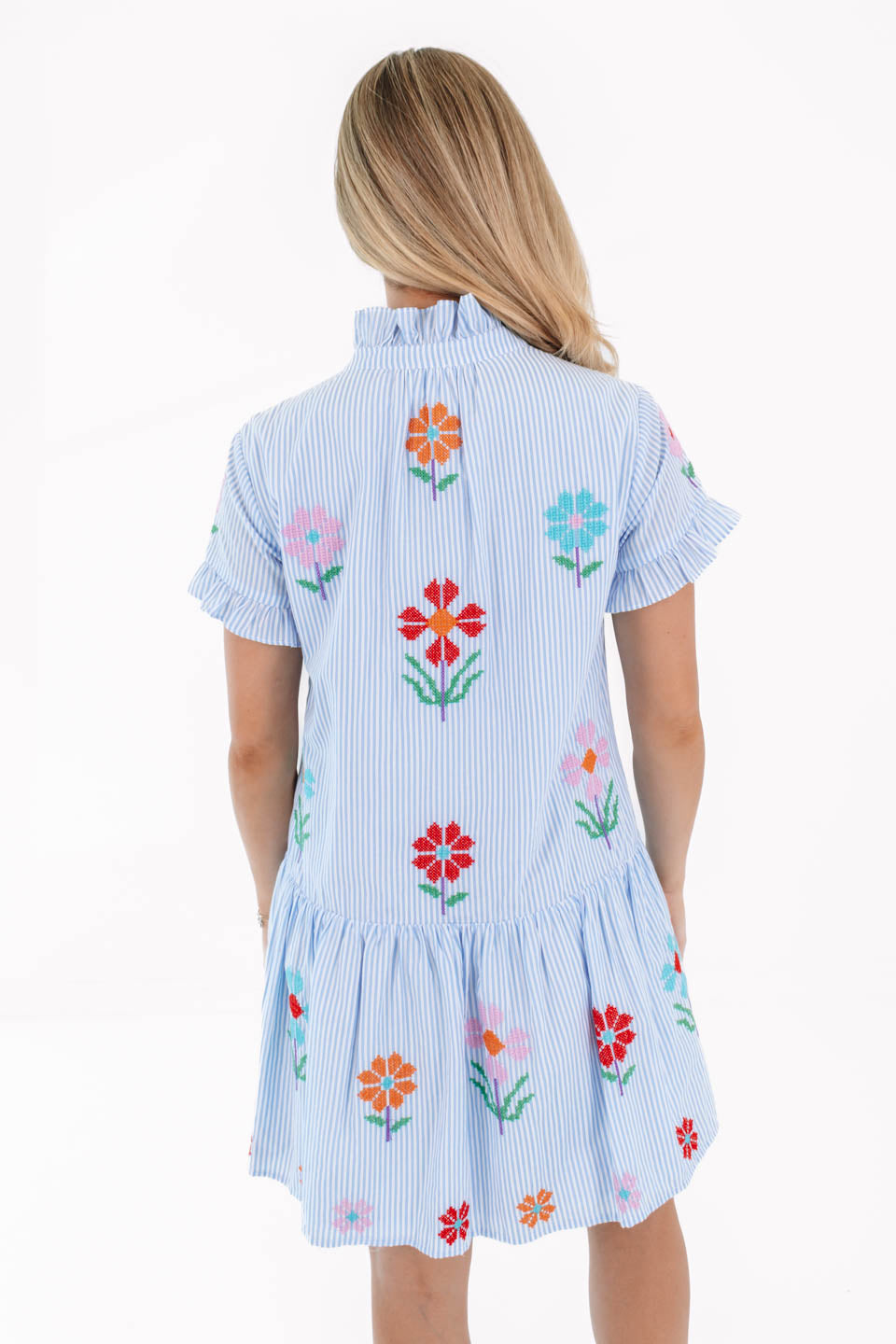 The Hunter Ruffle Button Up Dress - Blue Stripe - 图片 5