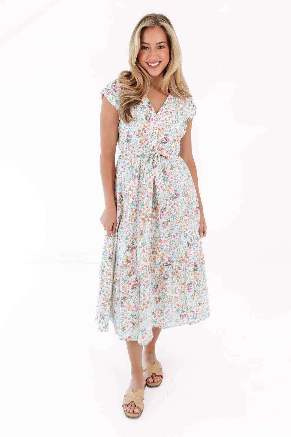 The Nora V-Neck Button Up Midi Dress - White - 图片 2