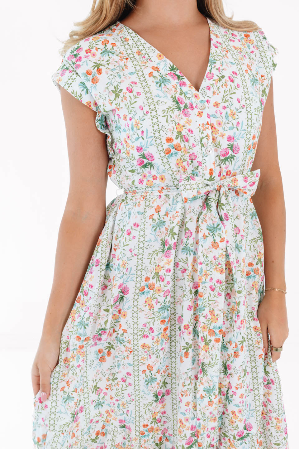 The Nora V-Neck Button Up Midi Dress - White - 图片 3